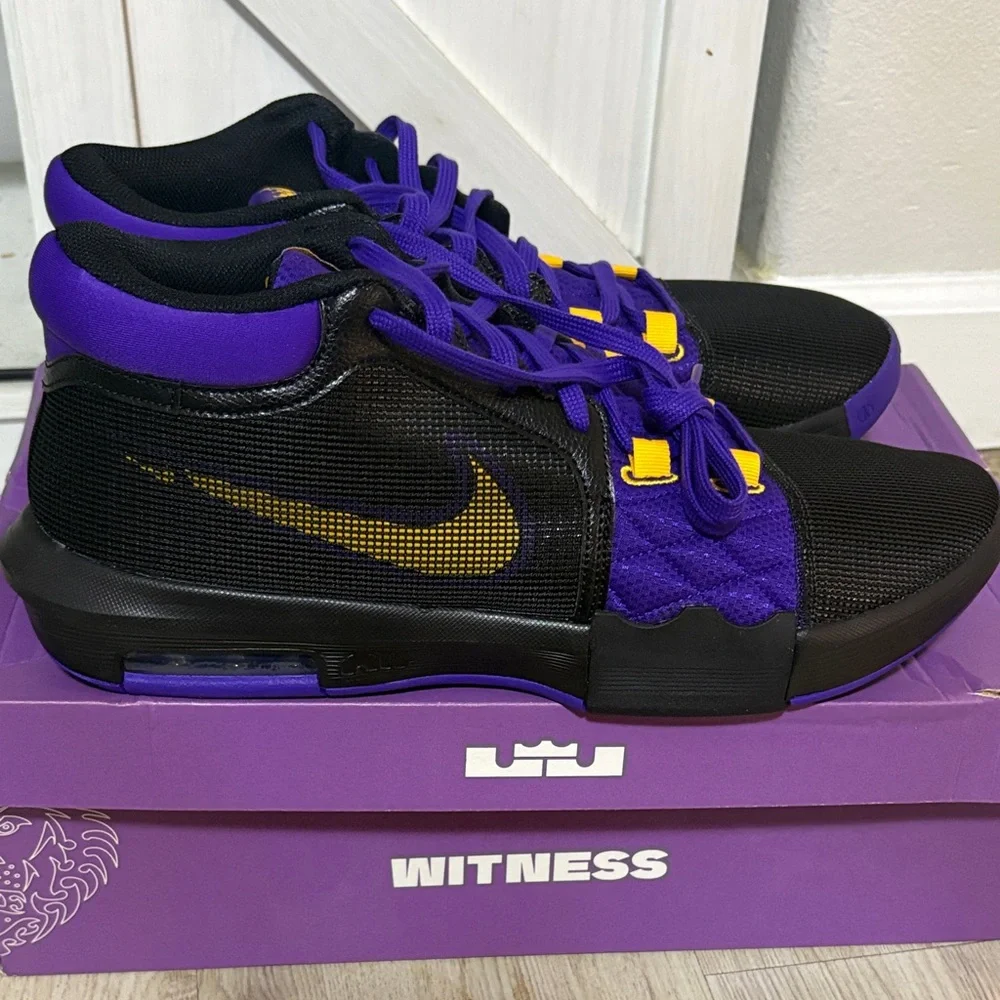 Nike Men's Purple and Black LeBron Witness 8 Athletic Shoes with Yellow Accents